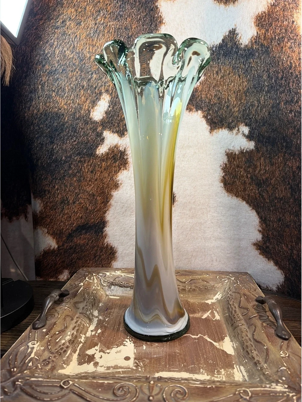 Vintage Italian Murano blown glass Tall Vase with Green and Amber Swirl Design